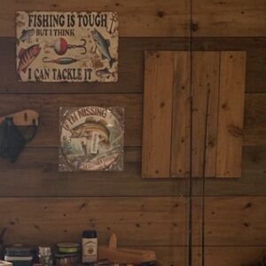 TWO DECORATIVE FISHING TIN SIGNS. EASY TO HANG. NEW